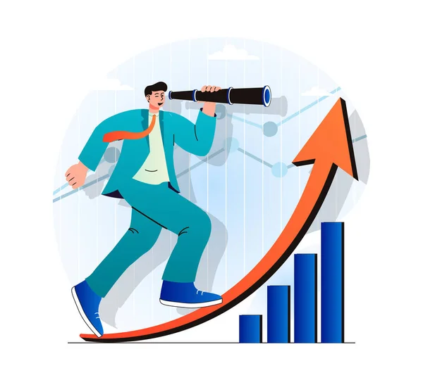 Searching opportunity concept in modern flat design. Businessman looks through spyglass and looks for new vacancies. Success man achieves career goals and professional growth. Vector illustration — Stock Vector