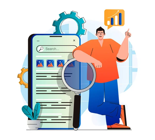 Seo analysis concept in modern flat design. Man analyzes search results and site rankings, develops promotion strategy, optimizes keywords, increases traffic and works with data. Vector illustration — Stock Vector