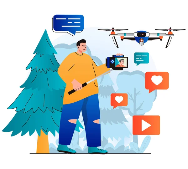 Modern düz tasarımda video bloglama kavramı. Blogger video klibi profesyonel kameraya kaydediyor ve drone kullanarak hava çekimleri yapıyor. Dijital içerik oluşturma, çevrimiçi tanıtım. Vektör illüstrasyonu — Stok Vektör