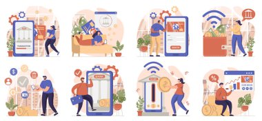 Mobil bankacılık koleksiyonu izole edildi. İnsanlar ödeme yapar, işlem yapar ve banka hizmetlerini online olarak kullanır, düz tasarımla ayarlanır. Blogculuk, web sitesi, mobil uygulama, tanıtım materyalleri için vektör illüstrasyonu.
