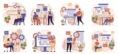 İzole edilmiş sahnelerin programcı çalışma koleksiyonu. İnsanlar programlar yaratıyor, programları yapılandırıyor ve düz tasarımda test ediyor. Blogculuk, web sitesi, mobil uygulama, tanıtım materyalleri için vektör illüstrasyonu.