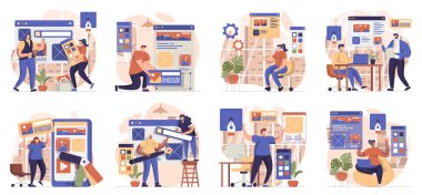 İzole edilmiş sahnelerin web tasarım koleksiyonu. İnsanlar web sitesi düzeni oluşturur, elementleri ve grafikleri düz tasarımla yerleştirirler. Blogculuk, web sitesi, mobil uygulama, tanıtım materyalleri için vektör illüstrasyonu.