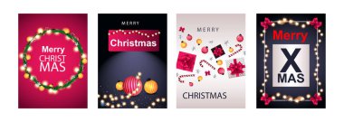 Mutlu noel posterleri ya da el ilanları. Ağaç dalı ve Noel balosuyla tebrik kartı tasarımı. Yeni yıl 2022 kapak tasarımı. Xmas broşürü. Gerçekçi elementlerle vektör illüstrasyonu.