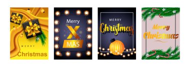 Mutlu noel posterleri ya da el ilanları. Ağaç dalı ve Noel balosuyla tebrik kartı tasarımı. Yeni yıl 2022 kapak tasarımı. Xmas broşürü. Gerçekçi elementlerle vektör illüstrasyonu.