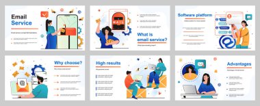 Sunum slaytı şablonu için e- posta hizmeti kavramı. İnsanlar mektup, reklam ya da bülten postaları gönderip alıyor. Online yazışma uygulamaları. Düzen tasarımı için vektör illüstrasyonu