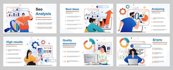 Seo analyse concept voor presentatie dia sjabloon. Mensen analyseren de website, optimaliseren de interface en verbeteren de inhoud, bevorderen het naar de top zoeken, ontwikkelen strategie. Vector illustratie voor lay-out ontwerp — Stockvector