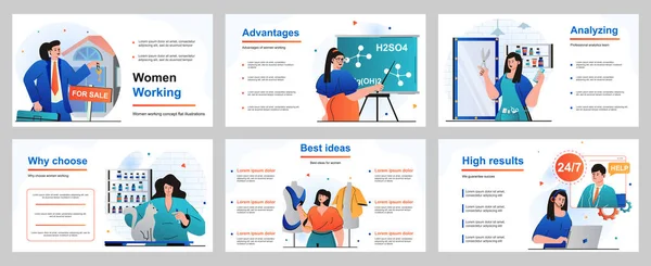 Web design concept voor presentatie dia template. Vrouwelijke beroepen - zakenvrouw, leraar, kapper, dierenarts, naaister, operator call center. Vector illustratie voor lay-out ontwerp — Stockvector