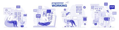 Düz dizayn ile izole edilmiş olarak çalışan programcı. İnsanlar kodluyor, test ediyor, programlıyor, sahne koleksiyonu yapıyor. Blogculuk, web sitesi, mobil uygulama, tanıtım materyalleri için vektör illüstrasyonu.
