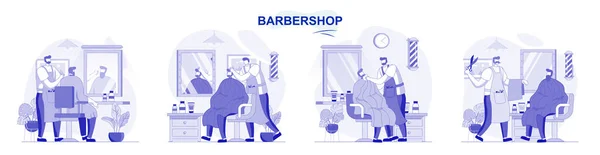 理发店的隔离装置采用平面设计.人们会理发或刮胡子,理发师会做一系列的场景.博客、网站、移动应用、推广资料的矢量图解. — 图库矢量图片