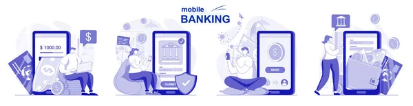 Mobil banki elszigetelt készlet lapos kialakítású. Az emberek pénzügyi tranzakciókat hajtanak végre alkalmazással, jelenetek gyűjtésével. Vektorillusztráció blogoláshoz, weboldalhoz, mobil alkalmazáshoz, promóciós anyagokhoz. — Stock Vector