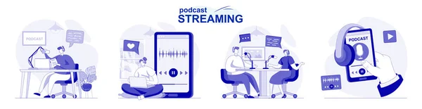 Podcast streaming conjunto aislado en diseño plano. La gente hace difusión en línea o grabación en el estudio, colección de escenas. Ilustración vectorial para blogging, sitio web, aplicación móvil, materiales promocionales. — Vector de stock