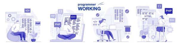 Programmer working isolated set in flat design. People coding, testing, programming software, collection of scenes. Vector illustration for blogging, website, mobile app, promotional materials. — Stock Vector