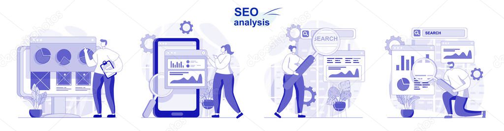 Seo analysis isolated set in flat design. People analyzing site data, optimization, develop strategy collection of scenes. Vector illustration for blogging, website, mobile app, promotional materials.
