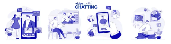 Video chatten geïsoleerde set in plat ontwerp. Mensen chatten met vrienden online met behulp van video calling app, het verzamelen van scènes. Vector illustratie voor bloggen, website, mobiele app, promotiemateriaal. — Stockvector