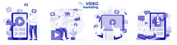 Video marketing izolované sady v plochém designu. Lidé vytvářejí a zveřejňují obsah, online propagaci, sbírku scén. Vektorová ilustrace pro blogování, webové stránky, mobilní aplikace, propagační materiály. — Stockový vektor