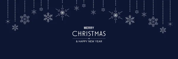 メリークリスマスと新年2022年のポスター.雪の結晶と青の背景にテキストをぶら下げXmas最小限のバナーデザイン。ウェブサイトの水平お祝いのヘッダー。グリーティングカード用ベクトルイラスト — ストックベクタ