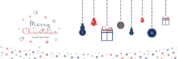 メリークリスマスと新年2022年のポスター.雪男、木、贈り物、ボールや星の境界線と白い背景にテキストをぶら下げクリスマス最小限のバナー。グリーティングカードデザインのためのベクターイラスト — ストックベクタ