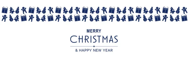 Feliz Navidad y Año Nuevo 2022 cartel. Banner mínimo de Navidad con patrón azul con muñecos de nieve, árboles, regalos, panes de jengibre y texto sobre fondo blanco. Ilustración vectorial para el diseño de tarjetas de felicitación — Vector de stock