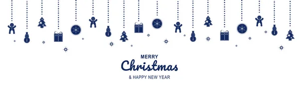 Feliz Navidad y Año Nuevo 2022 cartel. Banner mínimo de Navidad con panes de jengibre colgantes azules, muñecos de nieve, árboles, regalos, bolas y texto sobre fondo blanco. Ilustración vectorial para el diseño de tarjetas de felicitación — Vector de stock