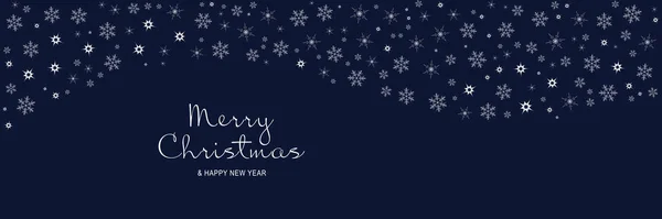 Merry Christmas and New Year 2022 poster. Xmas minimal banner with white snowflakes pattern border and text on blue background. Horizontal website header. Vector illustration for greeting card design — Stock Vector