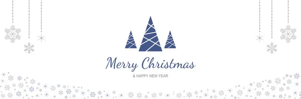Feliz Navidad y Año Nuevo 2022 cartel. Banner mínimo de Navidad con árboles abstractos, copos de nieve colgantes y texto sobre fondo blanco. Encabezado web horizontal. Ilustración vectorial para el diseño de tarjetas de felicitación — Vector de stock