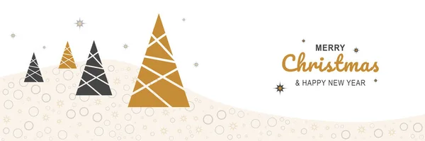 Feliz Navidad y Año Nuevo 2022 cartel. Banner mínimo de Navidad con árboles festivos abstractos y símbolos navideños borde y texto sobre fondo blanco. Ilustración vectorial para el diseño de tarjetas de felicitación — Vector de stock