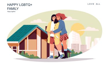 LGBT aile kavramınız kutlu olsun. Sokakta yürüyen kadınları sevmek, kucaklaşmak ve iletişim kurmak, birlikte zaman geçirmek. Çeşitli çiftler, günlük lezbiyen ilişkileri. Düz dizaynlı insanların vektör illüstrasyonu