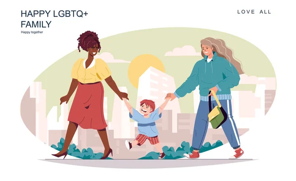 Buon concetto di famiglia LGBT. Donne madri con figlio che camminano per strada, passatempo insieme. Coppia multirazziale diversificata, relazione lesbica e maternità. Illustrazione vettoriale di persone in design piatto — Vettoriale Stock
