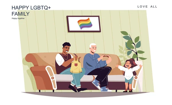 Buon concetto di famiglia LGBT. I padri maschi si prendono cura della bambina a casa. Coppia omosessuale multirazziale, relazione gay, infanzia e genitorialità. Illustrazione vettoriale di persone in design piatto — Vettoriale Stock