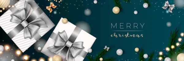 Frohe Weihnachten Web Banner. Plakat für die Weihnachts- und Neujahrsfeier 2022. Vektorillustration mit realistischen 3D-Elementen. Horizontales Weihnachtsposter, Hintergrund, Grußkarten, Kopfzeile. — Stockvektor