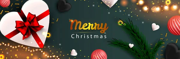 Merry Christmas web banner. Xmas and Happy New Year 2022 holiday celebration poster. Vector illustration with 3d realistic elements. Horizontal christmas poster, background, greeting cards, header. — Stock Vector