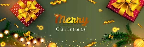 Merry Christmas web banner. Xmas and Happy New Year 2022 holiday celebration poster. Vector illustration with 3d realistic elements. Horizontal christmas poster, background, greeting cards, header. — Stock Vector