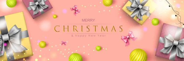 Feliz Navidad banner web. Cartel de celebración navideña de Navidad y Feliz Año Nuevo 2022. Ilustración vectorial con elementos 3D realistas. Cartel de Navidad horizontal, fondo, tarjetas de felicitación, encabezado. — Archivo Imágenes Vectoriales