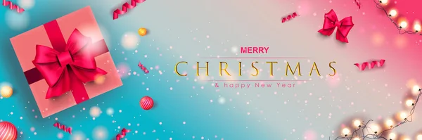 Merry Christmas web banner. Crăciun și Anul Nou fericit 2022 poster de sărbătoare de sărbătoare. Ilustrație vectorială cu elemente 3D realiste. Poster orizontal de Crăciun, fundal, felicitări, antet. — Vector de stoc
