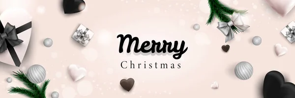 Feliz Navidad banner web. Cartel de celebración navideña de Navidad y Feliz Año Nuevo 2022. Ilustración vectorial con elementos 3D realistas. Cartel de Navidad horizontal, fondo, tarjetas de felicitación, encabezado. — Vector de stock