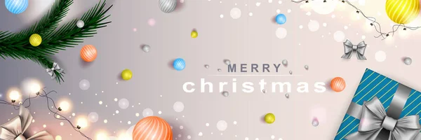 メリークリスマスのウェブバナー。Xmas and Happy New Year 2022のお祝いポスター。3Dリアルな要素とベクトルイラスト。水平クリスマスポスター、背景、グリーティングカード、ヘッダー. — ストックベクタ