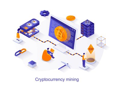 Kripto para birimi izometrik web konsepti. Bilgisayarda ya da madencilik çiftliğinde çalışan insanlar dijital para kazanıyorlar. Engelleme teknolojisi sahnesi. Web sitesi şablonu için 3B tasarım vektörü illüstrasyonu