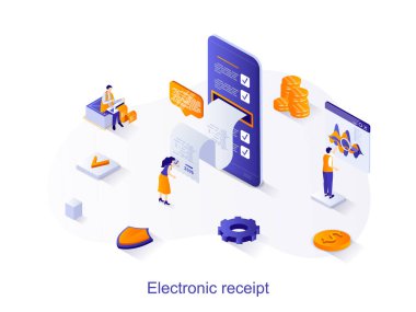 Elektronik makbuz izometrik web konsepti. İnsanlar dijital faturaları mobil uygulama kullanarak alır ve öder. Çevrimiçi bankacılık işlem sahnesi. Web sitesi şablonu için 3B tasarım vektörü illüstrasyonu