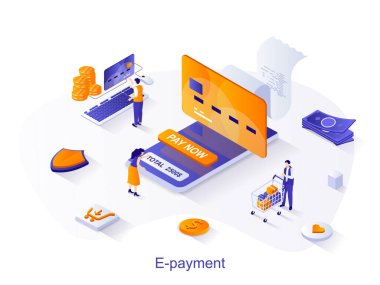E-ödeme izometrik web konsepti. İnsanlar faturayı cep telefonu için çevrimiçi mobil bankacılık uygulamasında kredi kartıyla ödüyor. Elektronik ödeme sahnesi. Web sitesi şablonu için 3B tasarım vektörü illüstrasyonu