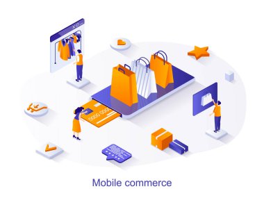 Mobil ticaret izometrik web konsepti. İnsanlar mağazadan kıyafet satın alıyor, satın almak için para ödüyor ve mobil uygulama sahnesini kullanarak eve teslimat sipariş ediyorlar. Web sitesi şablonu için 3B tasarım vektörü illüstrasyonu