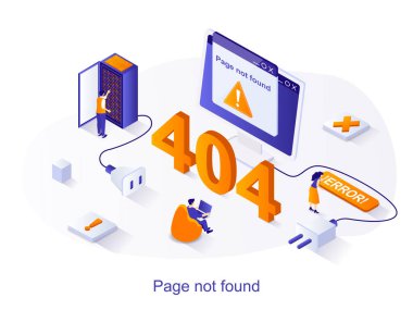 Sayfa izometrik web konsepti bulunamadı. Sorunlu sitelerde çalışan insanlar, teknoloji departmanı bozuk web sitesindeki hataları düzeltiyor. 404 sayfalık hata sahnesi. Web sitesi şablonu için 3B tasarım vektörü illüstrasyonu