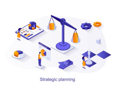 Stratejik planlama izometrik web konsepti. İnsanlar başarılı bir strateji oluşturur, finansal istatistikleri analiz eder, uzun vadeli hedeflere ulaşırlar. Web sitesi şablonu için 3B tasarım vektörü illüstrasyonu