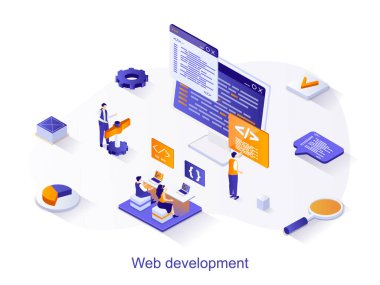 Web geliştirme izometrik web konsepti. İnsanlar bir web sayfası yaratıp optimize ediyorlar, kod ve arayüz tasarımıyla çalışıyorlar. Programcılar takım çalışması sahnesi. Web sitesi şablonu için 3B tasarım vektörü illüstrasyonu