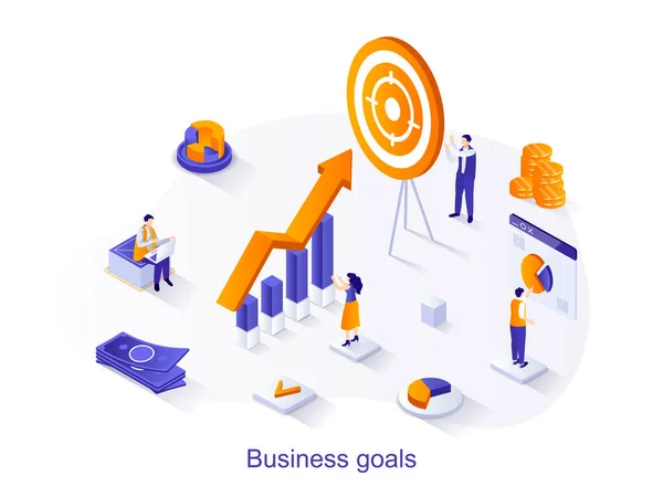 Business goals isometric web concept. People work together on project, aim at target, increase company profit, analyze financial statistics scene. Vector illustration for website template in 3d design — Stock Vector
