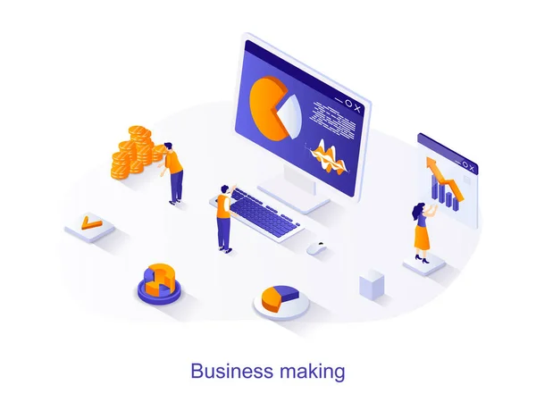 Business making isometric web concept. People work together, create success strategy analyze financial statistics, company development scene. Vector illustration for website template in 3d design — Stock Vector