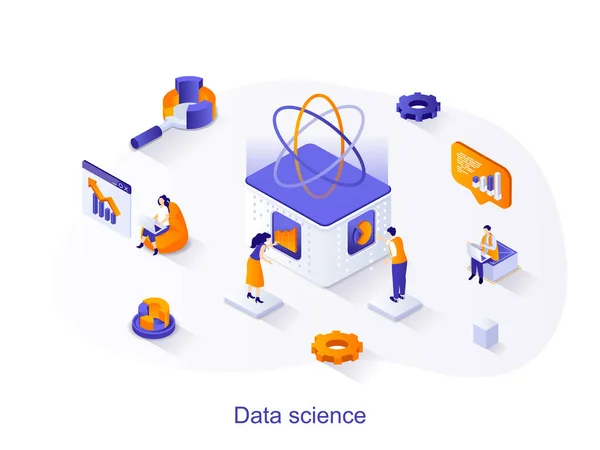 Data science isometrische web concept. Mensen die werken met data op de database, analyseren gegevens en financiële statistieken, proces informatie scene. Vector illustratie voor website template in 3D-ontwerp — Stockvector