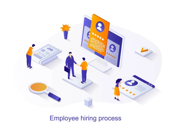 Employee hiring process isometric web concept. People look at resume, choose candidate for vacancy, conduct job interview. Human resources scene. Vector illustration for website template in 3d design — Stock Vector