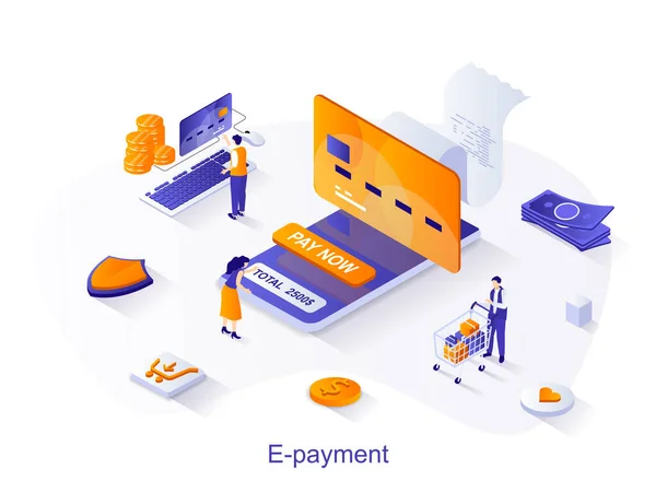 E-payment isometric web concept. People pay for invoice with credit card at online mobile banking app for mobile phone. Electronic payment scene. Vector illustration for website template in 3d design — Stock Vector