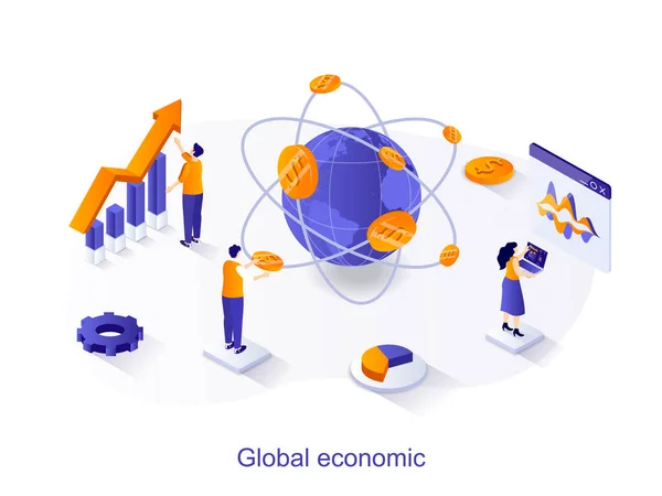 Globalt ekonomiskt isometriskt webbkoncept. Folk studerar finansiell statistik, världsmarknader, dollarsedlar. Marknadsföring och investeringar. Vektor illustration för webbplats mall i 3D-design — Stock vektor