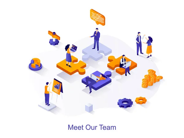 Meet our team isometric web concept. People working together, successful teamwork, branding and idea generation, business communication scene. Vector illustration for website template in 3d design — Stock Vector